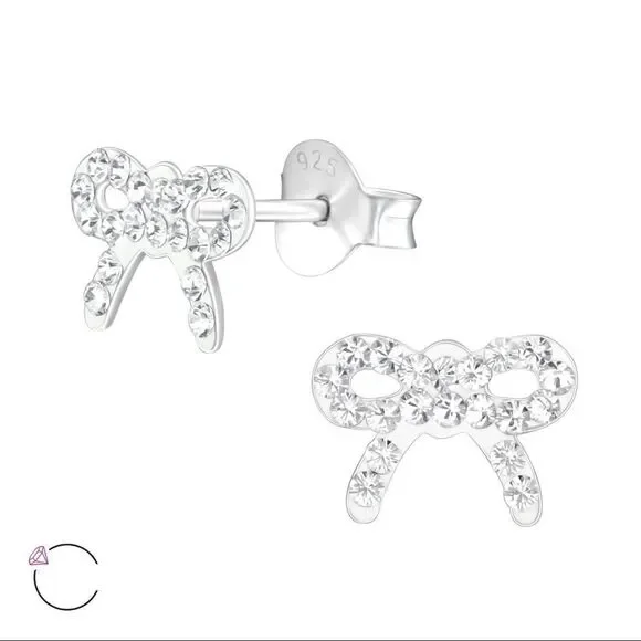 Girls Sterling Silver Clear Swarovski Bow Earrings