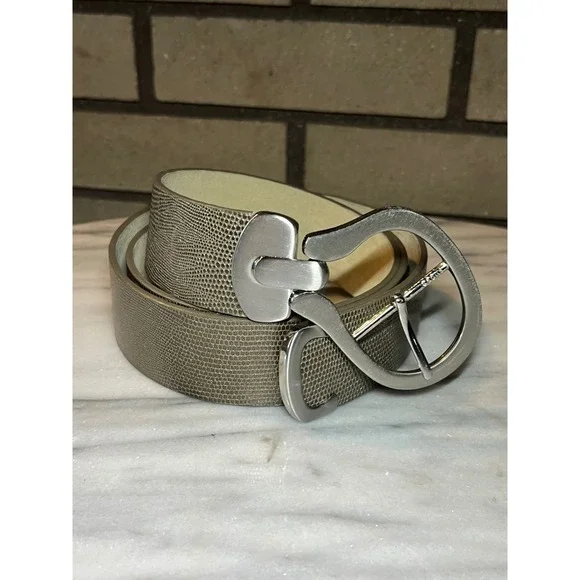Chicos Metallic Lizard Embossed Leather Belt Silver Sculptural Buckle Large