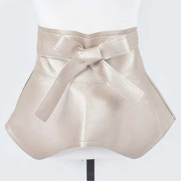 Champagne Faux Leather Skirt Belt | Wide Waist Wrap Belt | Statement Bow Tie