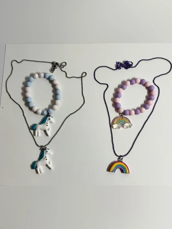 Pastel Unicorn & Rainbow Kids‎ Necklace and Bracelet Set - Pink, Purple, Blue