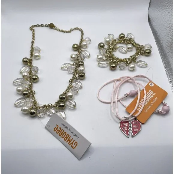 Gymboree NWT Jewelry,  Crystal Pearl Necklace & Bracelet,‎ Best Friend Heart Set
