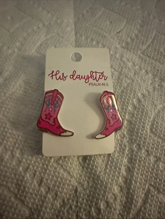 His Daughter Pink Cowboy Boot Stud Earrings