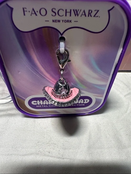 FAO Schwarz Silver & Pink Cowgirl Hat Charm with Lobster Clasp NWT