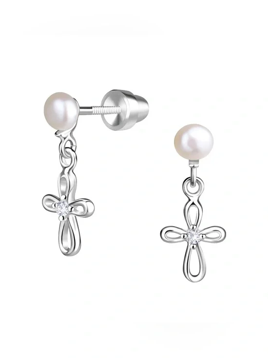 NEW! Girls Pearl & CZ Cross Dangle Earrings, Sterling Silver in Giftbox