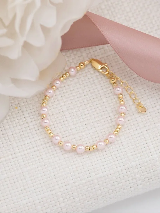 Cherished Moments 14K Gold Plated Pink Pearl Baby or Girls Bracelet : Medium 1-5