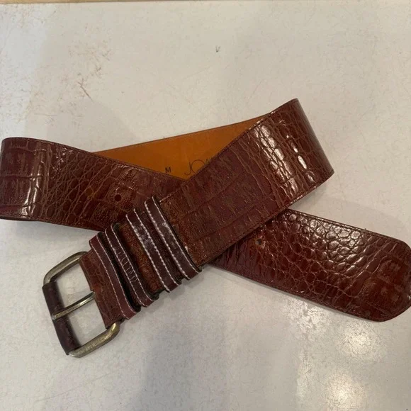 Joan & David Belt Womens Medium Brown Croc Embossed Leather Wide Waist Vintage
