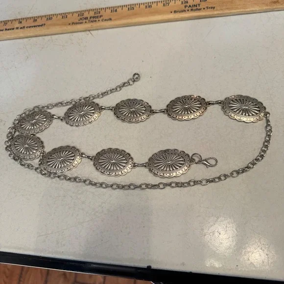 Concho Chain Belt Women 36 In Silver Antiqued Sunburst Southwestern Boho Style