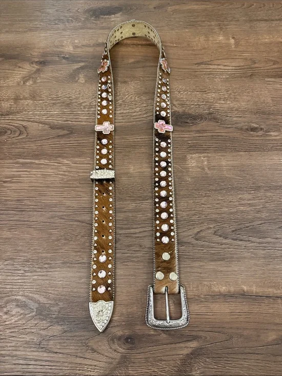 Nocona Brown Leather Western Belt with Pink Cross Accents and Silver Studs