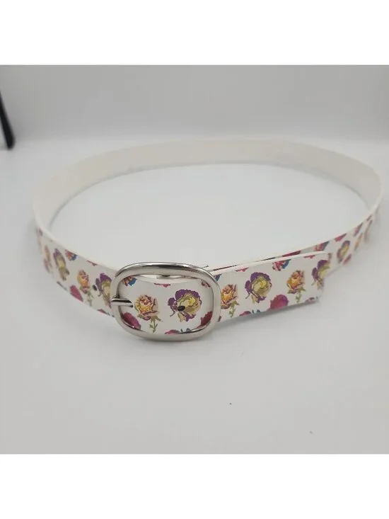 betsey johnson White Floral Belt Women's Large Faux Leather Fits 32-38