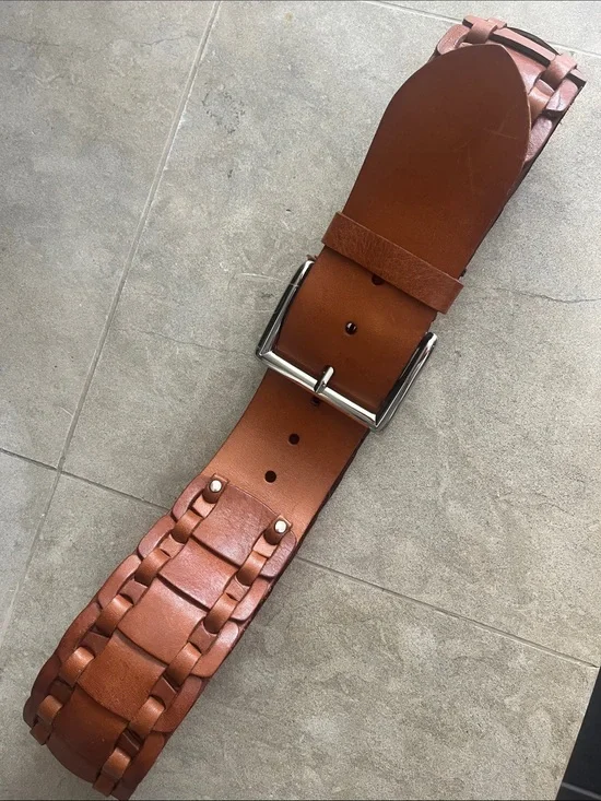 MaxMara Woven Leather Belt in Chestnut Brown with Silver Buckle.
