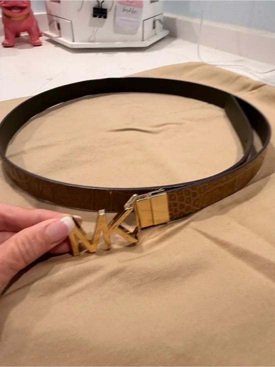 Michael Kors Brown Croc-Embossed Leather Belt with Gold MK Buckle, Size XL