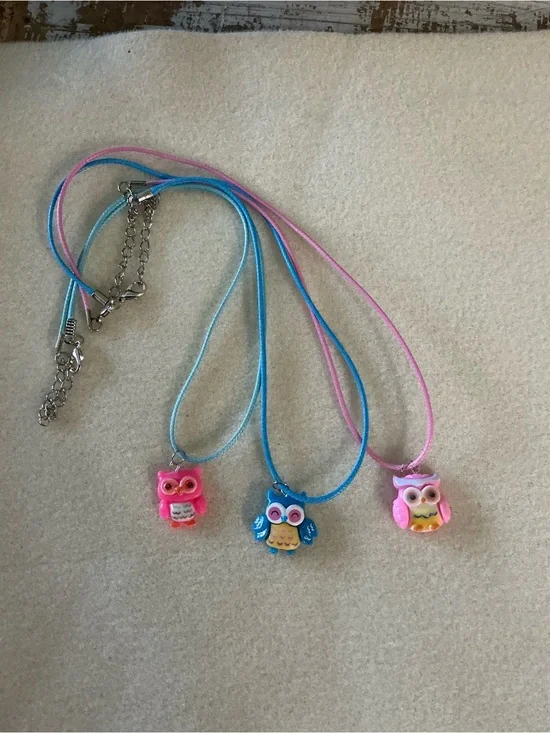 Kids Owl Pendant Necklace Set - Pink & Blue