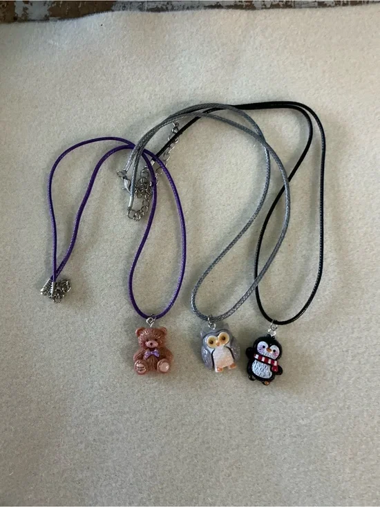 Cute Kids Animal Pendant Necklace Set - Brown Teddy, Gray Owl, Black Penguin