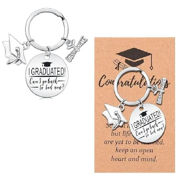 Graduation Gift CAN I GO BACK TO BED NOW Funny Grad Keychain Jewelry NEW SEALED