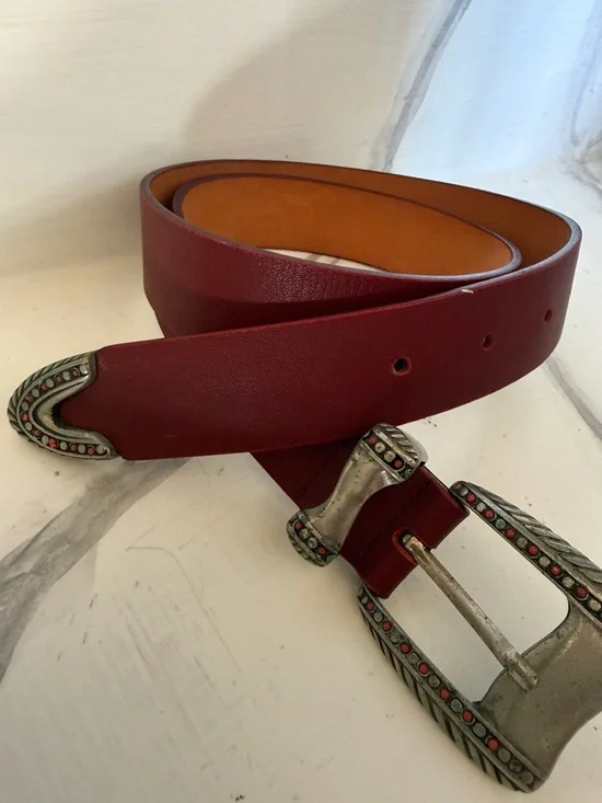 Vintage Red Western Style Italian Garuglieri Leather Boho Belt Sz Small 37.5” L