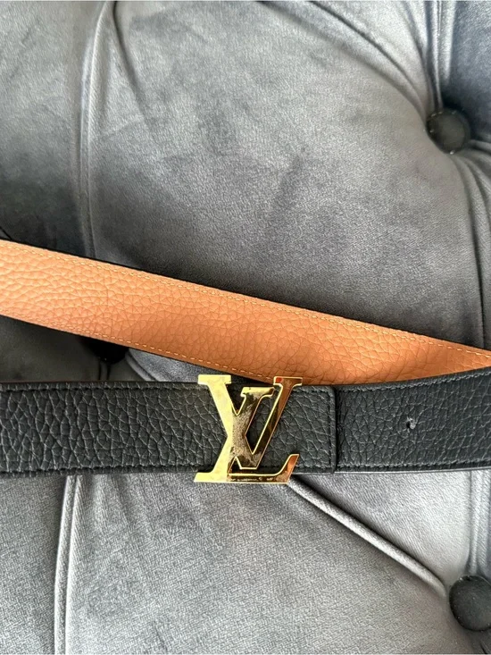Louis Vuitton Black and Tan Reversible Belt with Gold LV Buckle