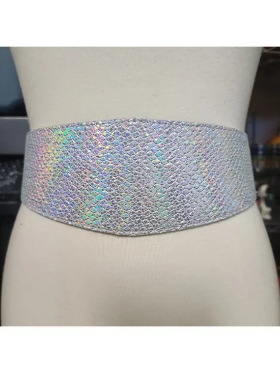 Women Metallic Silver Halographic Faux Leather Elastic Fashion Belt Big 36