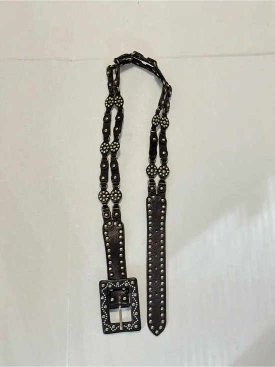 Free People Black Studded Leather Belt with Silver Accents