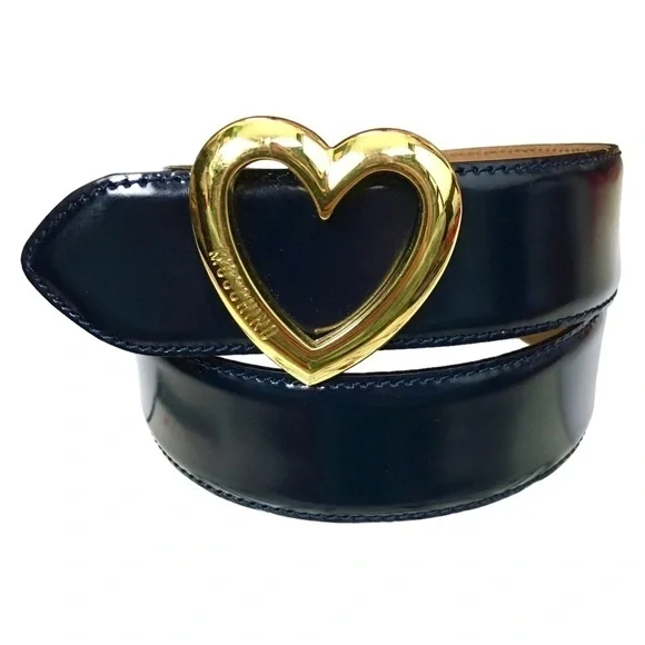 MOSCHINO Vintage Heart Buckle Belt All Genuine Leather Navy Gold Size 40 *FLAW*