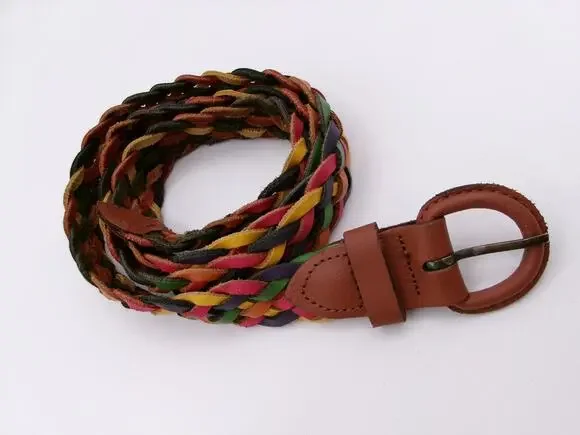 Vintage Multicolor Braided Leather Belt Boho Round Buckle M-L
