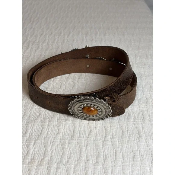 Garuglieri Italian Brown Leather Silver/Amber, Style 413 Western Belt, Size Sm