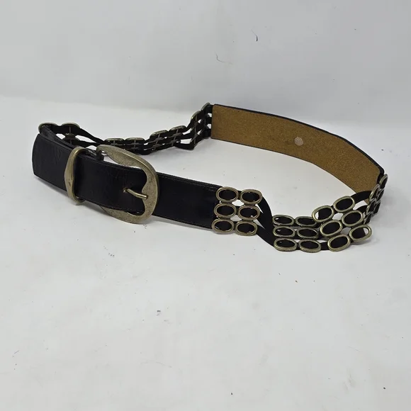 Vtg Retro statement belt leather art to wear‎ brass buckle rodeo boho stretchy