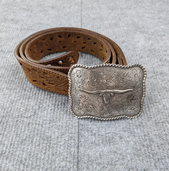 Tony Lama Tooled Leather Belt Nocona Buckle Womens 38 Brown Silver Tone Bull