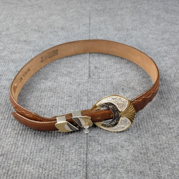 Justin Leather Belt Womens 28 Top Grain Cowhide Silver Plated Buckle Brown Boho