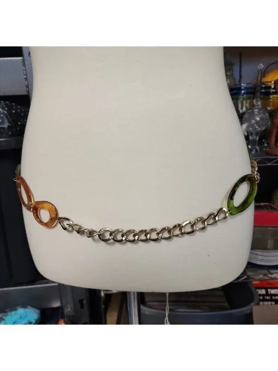 Vintage Chain Belt Gold Tone Orange Green Acrylic Boho Adjustable Fits Up To 36