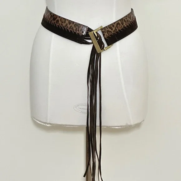 Boho Western Womens Belt SM Brown Leopard Italian Leather Fringe Vintage Y2K