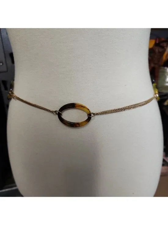 Vintage Chain Belt Beige Faux Tortoise Resin Gold Tone Adjustable 31-34
