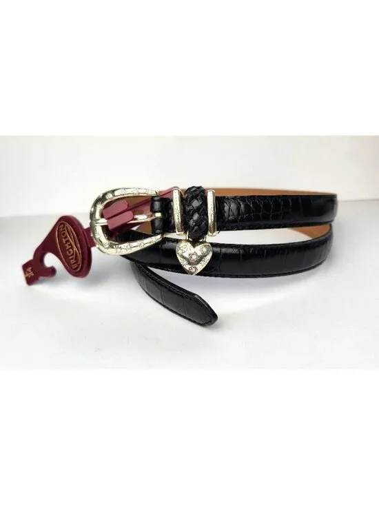 Brighton Women's Croc Embossed Leather Belt Silver Heart & Crystals L/34 B10483