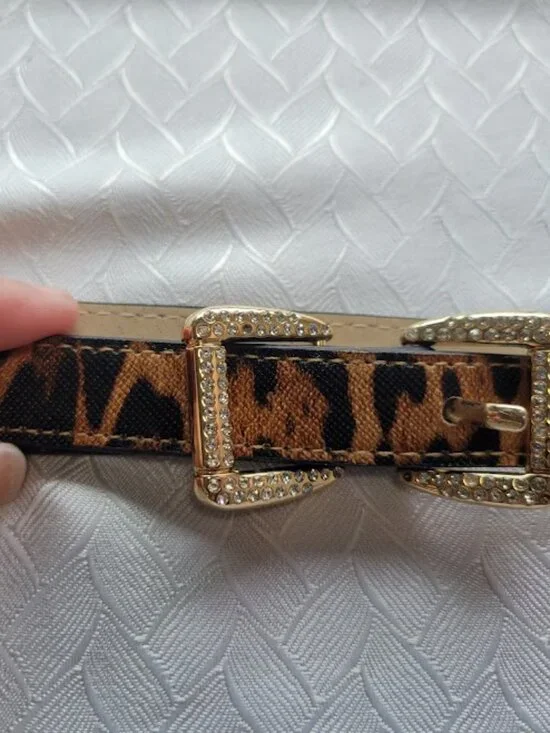 Leopard Print Skinny Belt Rhinestone Gold Buckle