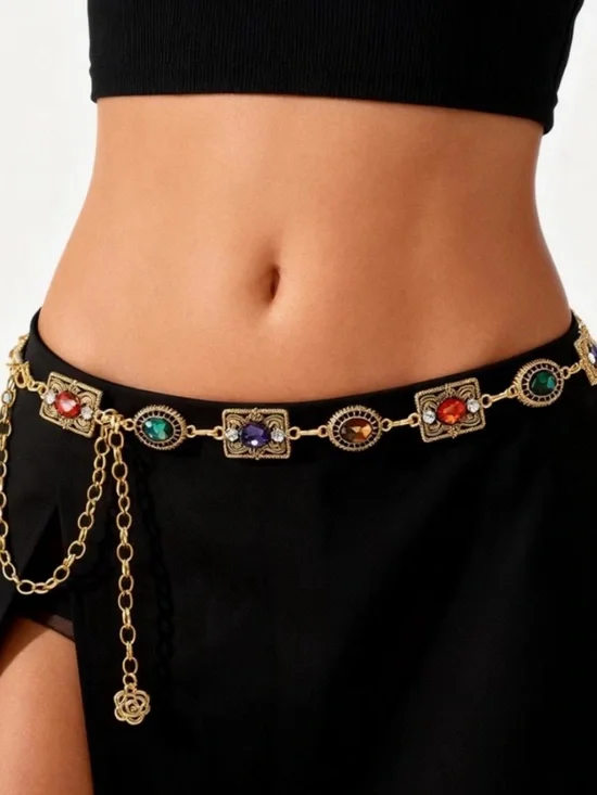 Vintage Retro Style Gold Multicolor Gem Belt