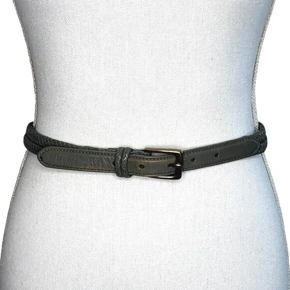 Talbots green leather braided leather belt brass hardware size XS