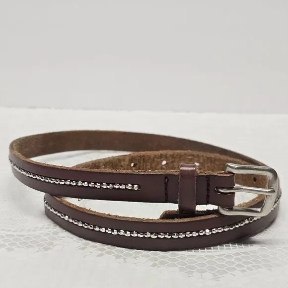 American Eagle Outfitters AEO Brown Genuine Leather Silver Beaded Skinny Belt XS