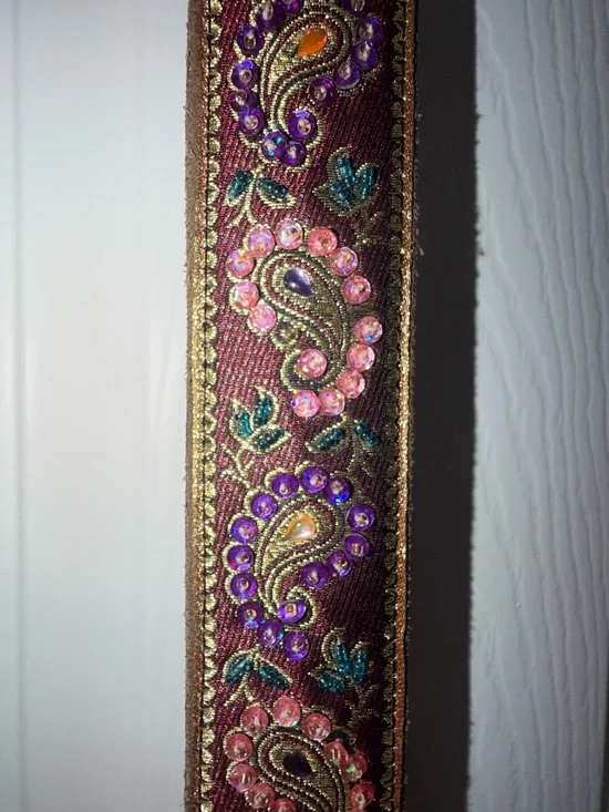 Handcrafted Brown Leather Belt with Purple Paisley Embroidery
