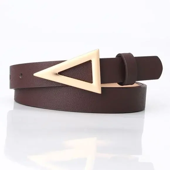 Belt Classic Coffee Chocolate Brown Gold Buckle Faux Leather Triangle Arrow