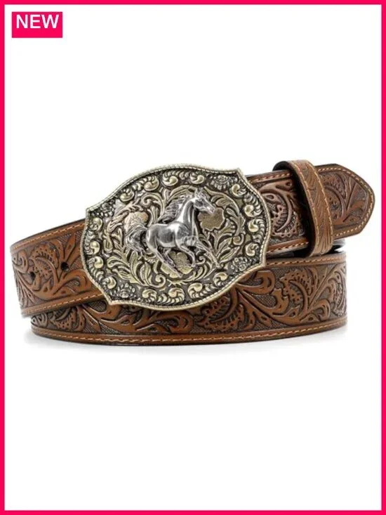 Embossed Leather Western Belt with Horse Buckle for Men Women
