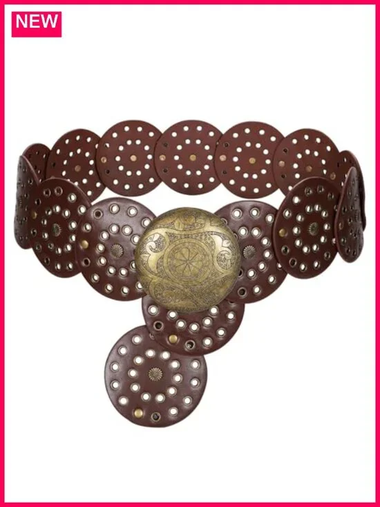 Women Faux Leather Vintage Belt Round Disc Buckle