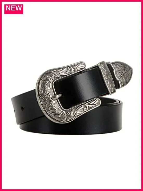 Women's Vintage Western Leather Belt with Silver Buckle - Trimable