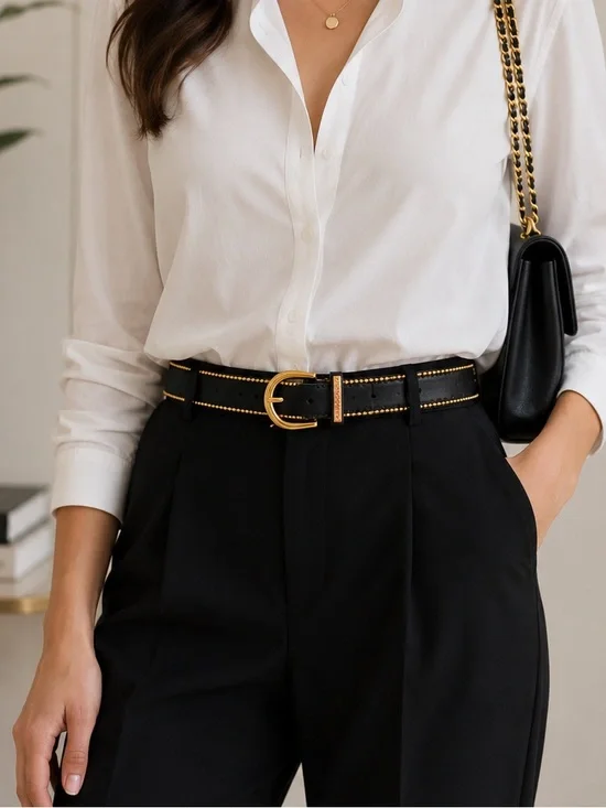 Vince Camuto NWT Black Leather Belt with Gold-Tone Beaded Trim and Buckle