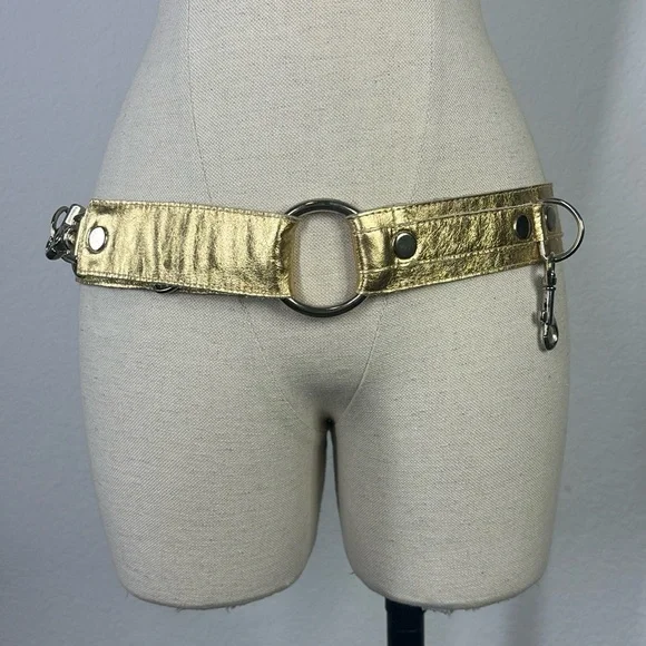 Allison Burns gold metallic adjustable d ring belt with swivel hook clasp