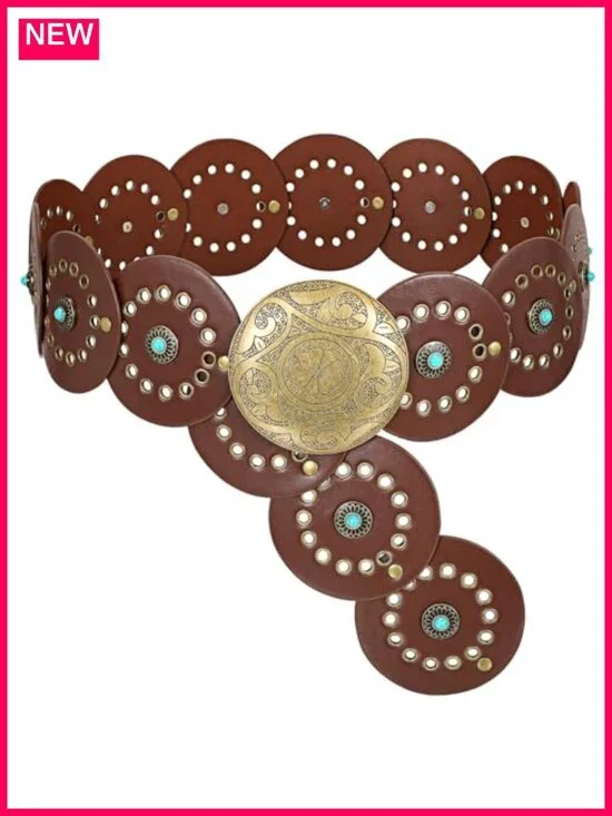 Wide PU Leather Western Concho Belt Cowgirl Cowboy Boho Waist Belt for Dress