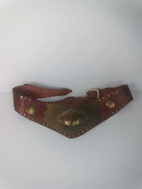 Vintage Moroccan Brown Leather Studded Waist Belt with Brass Plate Boho Artisan