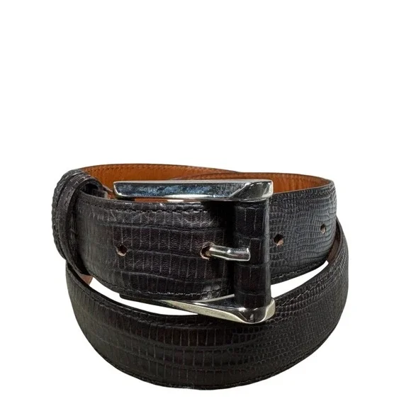 Joan & David Dark Brown Lizard Embossed Leather Belt Silver Buckle Made in Italy