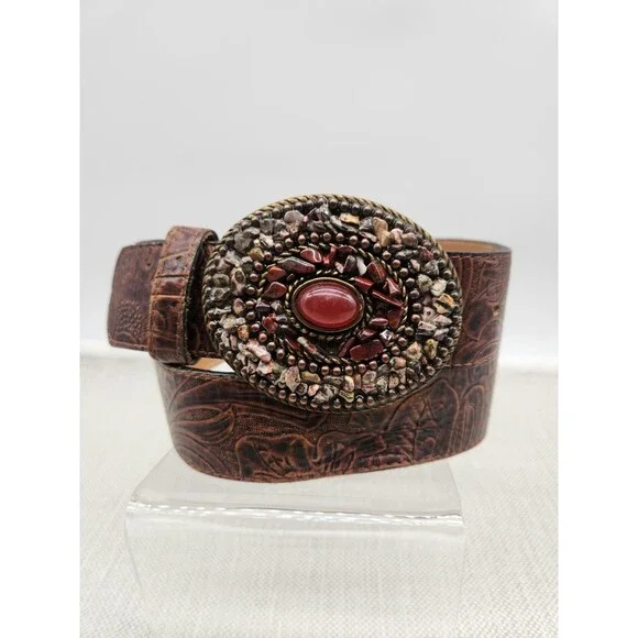 Leatherock Size 34 Medium Tooled Belt Brown Leather Embellished Boho Western