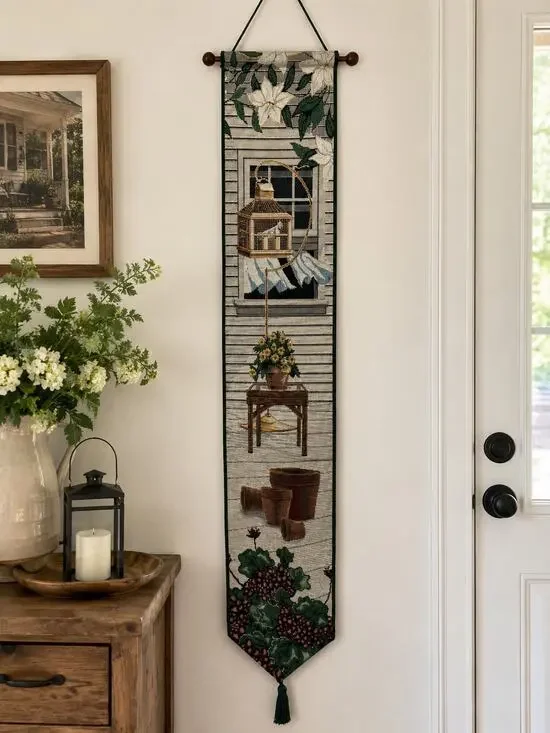 Woven Tapestry Wall Hanging Front Porch Serenade Bell Pull Floral Cottage 40 In