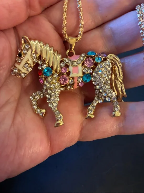 Gold-Tone Multicolor Crystal Horse Pendant Necklace with moveable tail.