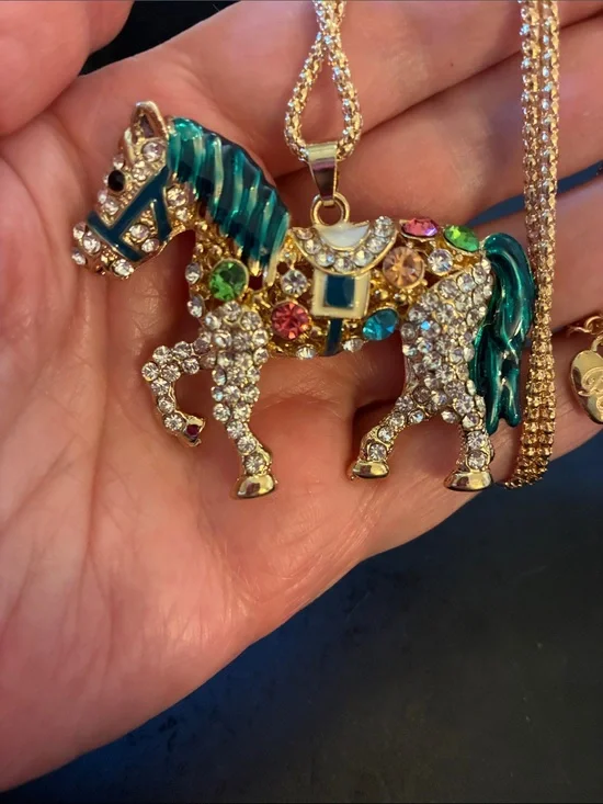 Multicolor Crystal Horse Pendant Necklace Green Mane. Moveable-tail moves